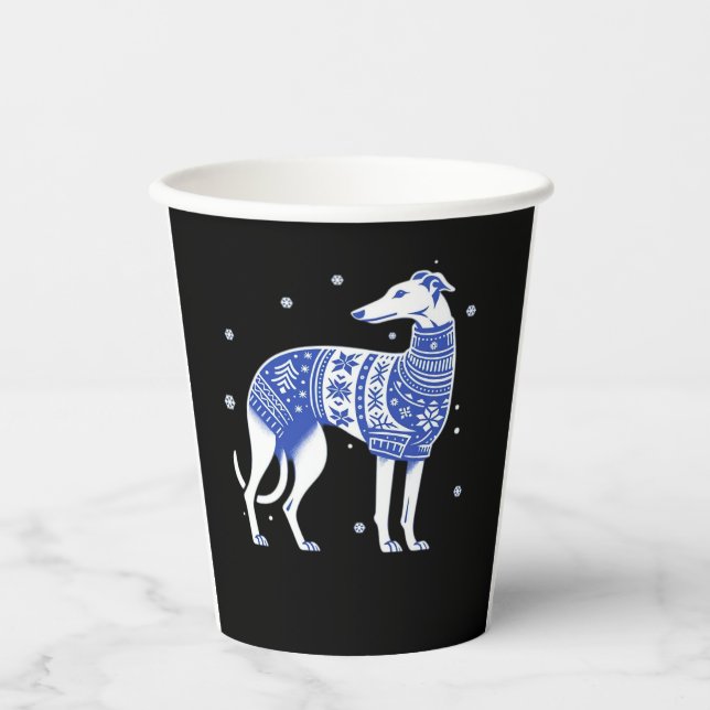 Christmas Greyhound Dog Wearing an Ugly Sweater Bl Paper Cups (Front)