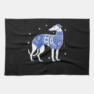 Christmas Greyhound Dog Wearing an Ugly Sweater Bl Tea Towel