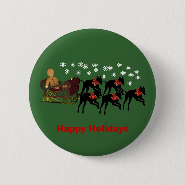 Christmas Greyhounds Sleigh Holiday Button Pin (Front)