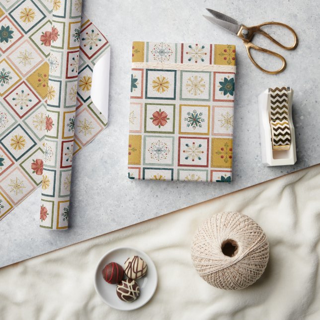 Christmas Grid of Flowers, Leaves & Snowflakes Wrapping Paper (Crafts)