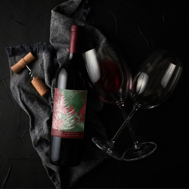 Christmas Grunge | Red Green and White XMas Tree Wine Label (Creator Uploaded)