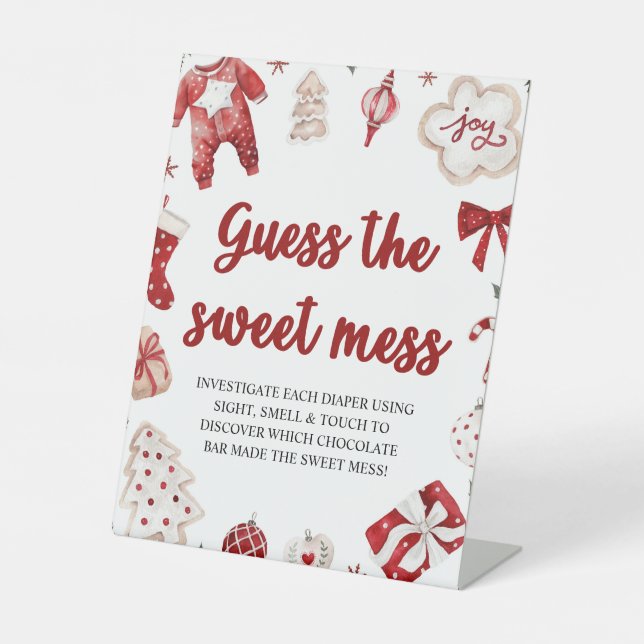 Christmas Guess the Sweet Mess Baby Shower Game Pedestal Sign (Front)