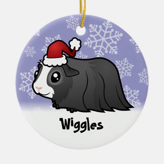 Christmas Guinea Pig (long hair) (add pets name) Ceramic Tree Decoration (Front)