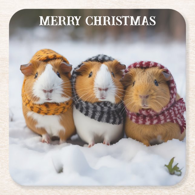 Christmas Guinea Pigs In The Snow Square Paper Coaster (Front)