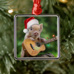 Christmas guitar pig metal ornament