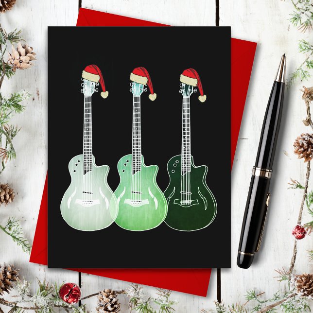 Christmas Guitar Santa green Holiday Postcard (Christmas guitars wearing Santa hats simple illustration on black holiday greetings postcard)