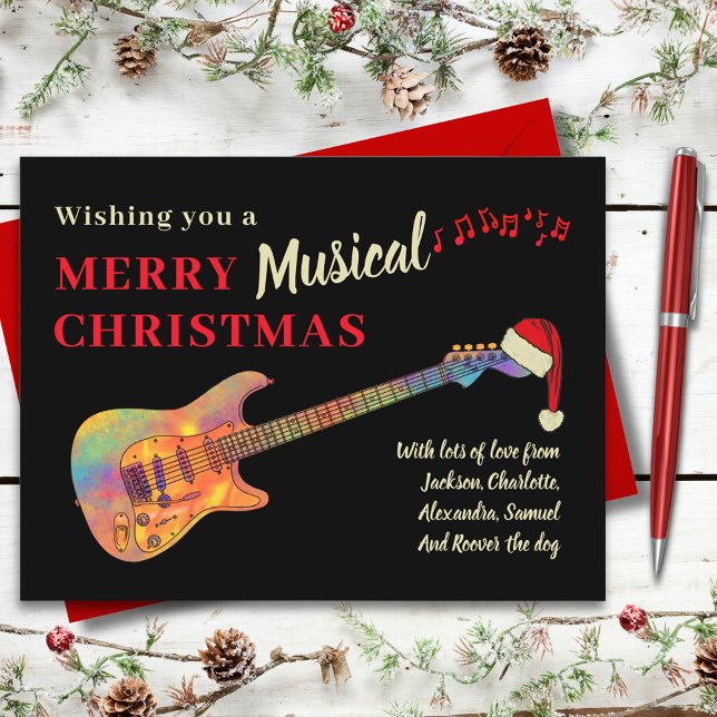 Christmas Guitar Wearing a Santa Hat add Name Holiday Postcard (Rock and roll Christmas funky guitar wearing a Santa hat custom holiday greetings card guitarist )