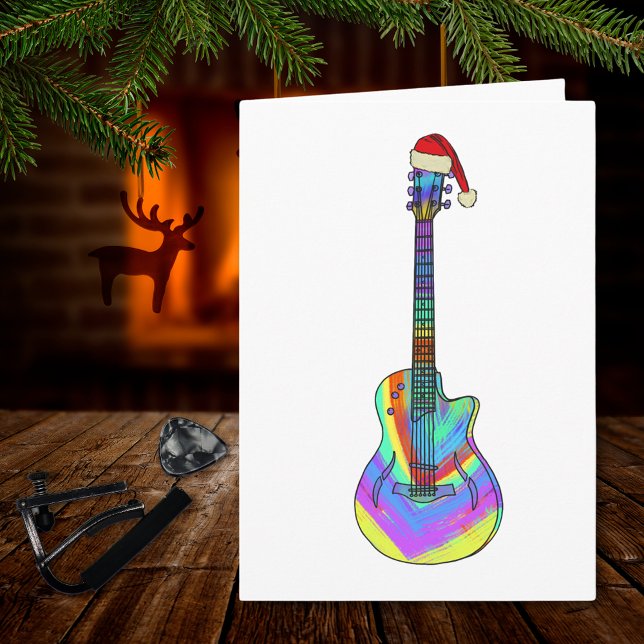 Christmas Guitar Wearing a Santa Hat Card (Christmas guitar holiday greetings folded card colorful psychedelic electric guitar )