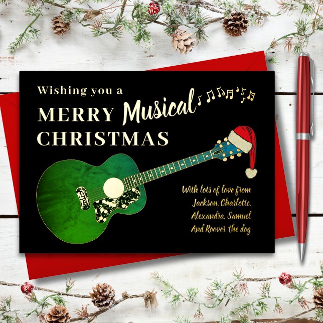 Christmas Guitar Wearing a Santa Hat Gold Foil Holiday Card (Christmas guitar wearing a Santa hat green and gold foil music themed custom holiday greetings card)