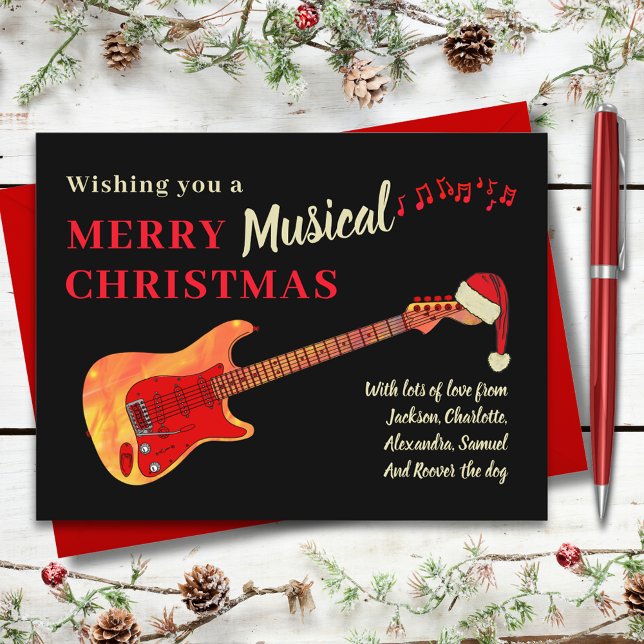Christmas Guitar Wearing a Santa Hat Holiday Postcard (Rock and roll merry musical christmas holiday greetings card fire electric guitar wearing Santa hat)