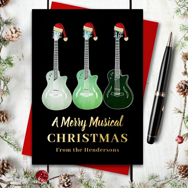 Christmas Guitar Wearing Santa Hats Black and Gold Foil Holiday Card (Guitar merry Christmas black and gold foil holiday greeting card guitarist musician music teacher)