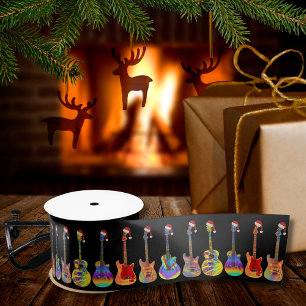 Christmas Guitars Colourful Pattern on Black Satin Ribbon