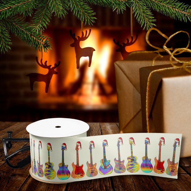 Christmas Guitars Colourful Pattern Satin Ribbon (Christmas guitars wearing santa hats music themed holiday wrapping ribbon for guitarist musicians )