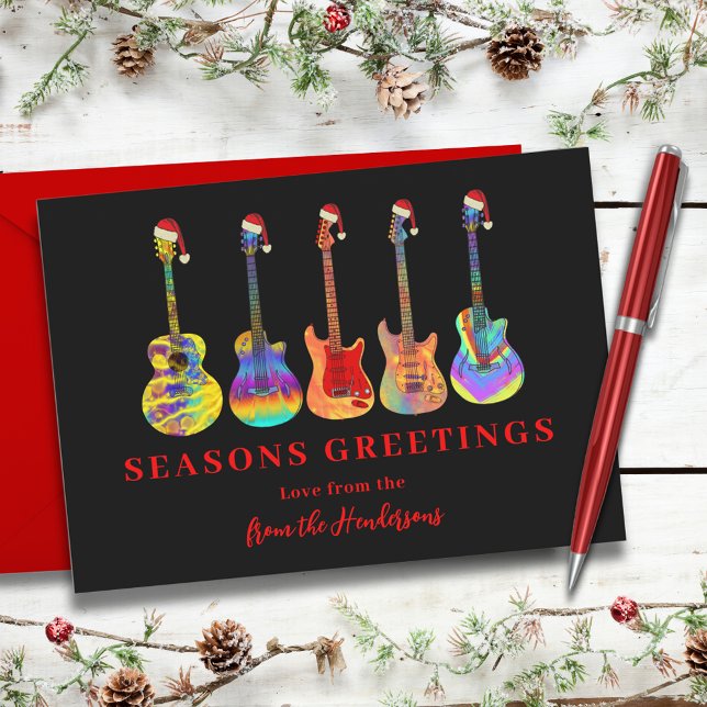 Christmas Guitars in Santa Hats Seasons Greetings Holiday Card (Cool music seasons greetings colorful guitars wearing Santa hats red and black holidays card)