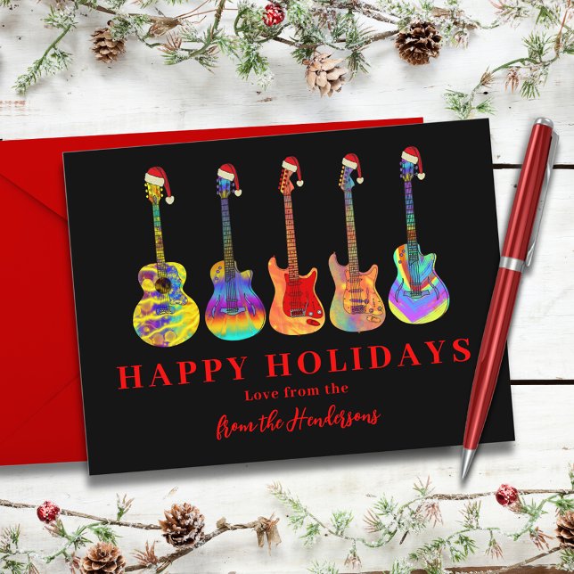 Christmas Guitars Personalised  Holiday Card (Cool guitar colorful happy holidays greetings card black and red typography )