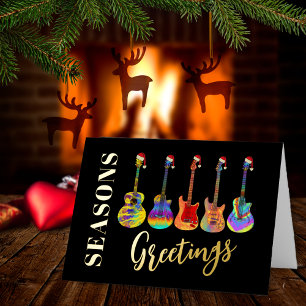 Christmas Guitars Seasons Greeting Black and Gold Foil Holiday Card