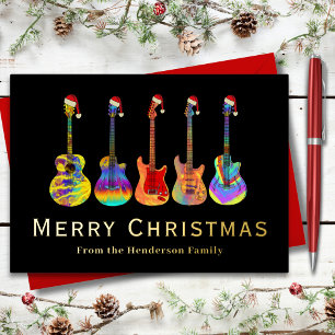 Christmas Guitars Wearing Santa Hats Black Gold Foil Holiday Card