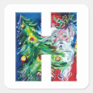 CHRISTMAS H LETTER / SANTA WITH CHRISTMAS TREE SQUARE STICKER