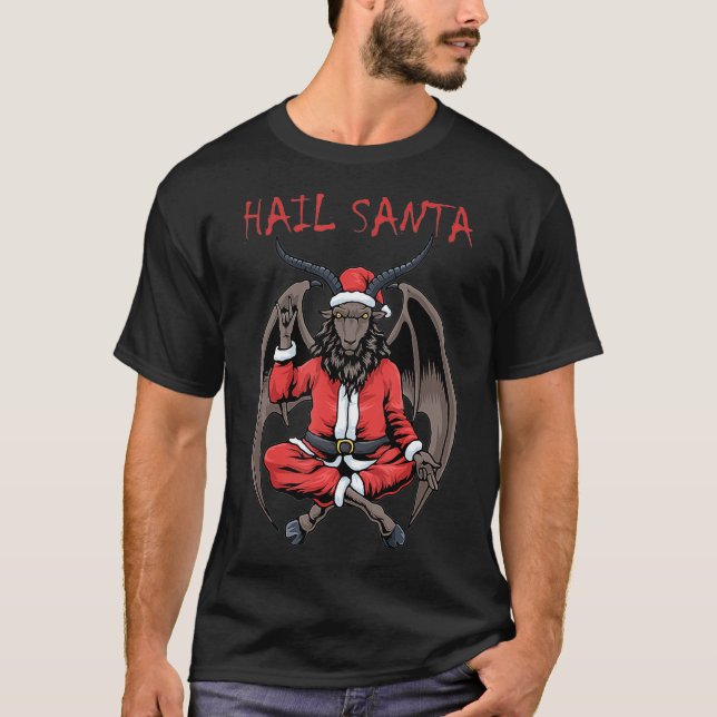 Christmas Hail Santa Satanism Goat Baphomet Atheis T-Shirt (Front)