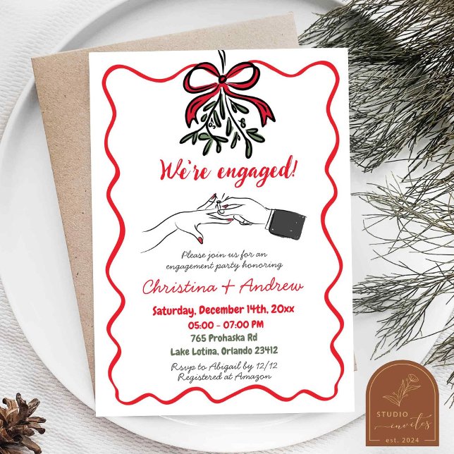 Christmas Hand Drawn Red Bow We're Engaged Party Invitation (Creator Uploaded)