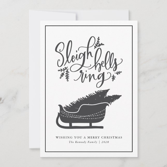 Christmas Hand Lettered Sleigh Bells Ring Rustic  Holiday Card (Front)