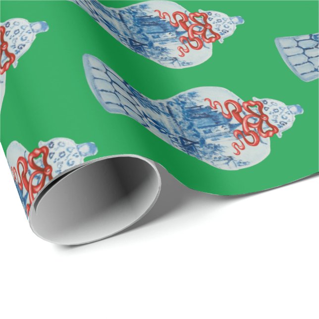 Christmas Hand Painted Blue and White Ginger Jar Wrapping Paper (Roll Corner)