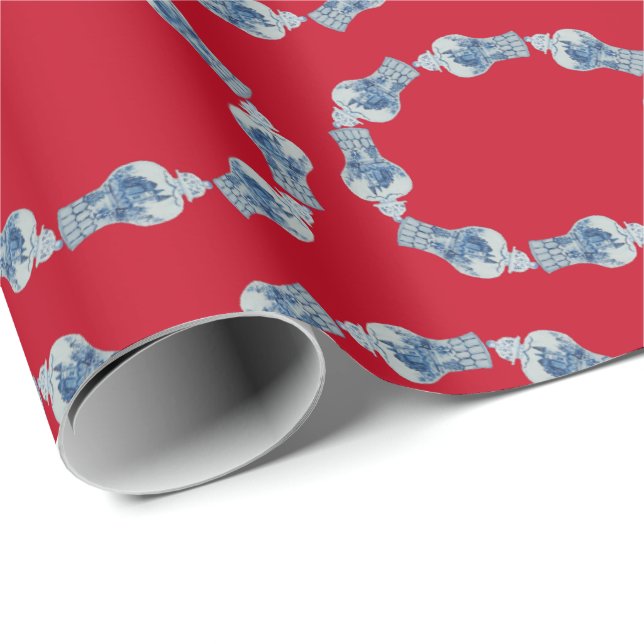 Christmas Hand Painted Blue and White Ginger Jar Wrapping Paper (Roll Corner)