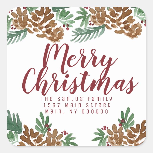 Christmas Hand Watercolor Pinecones Greenery Berry Square Sticker (Front)