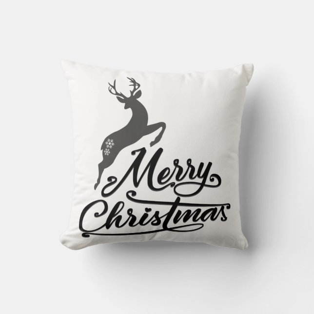 Christmas Hand Written, Jumping Deer And Snowflake Cushion (Front)