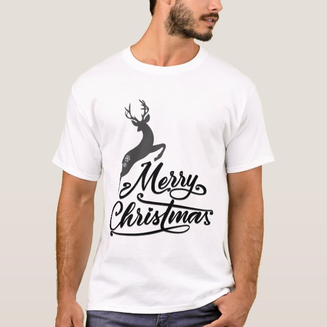 Christmas Hand Written, Jumping Deer And Snowflake T-Shirt (Front)