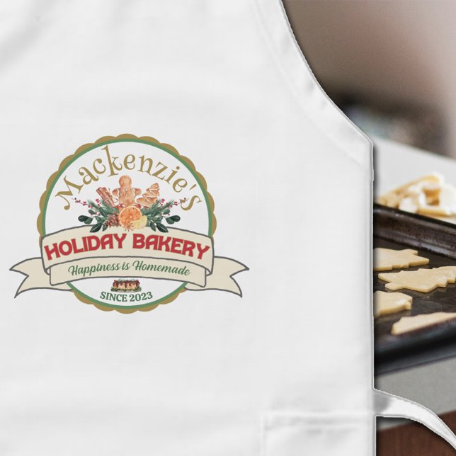 Christmas Happiness is Homemade Bakery Logo Long Apron (Festive Christmas baking apron with your personalized Holiday Bakery logo.)