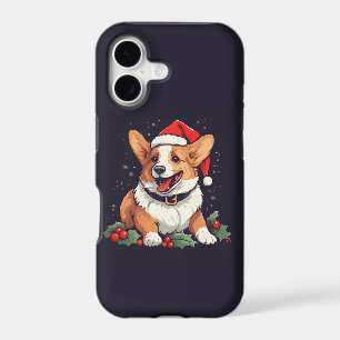 Christmas Happy Corgi in Santa hat with holly