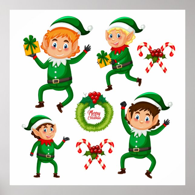 Christmas Happy Elf with Gift Pattern Poster (Front)