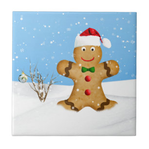 Christmas, Happy Gingerbread Man in Snow Tile