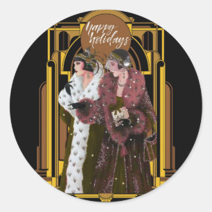 Christmas Happy Holidays Art Deco Retro Ladies Classic Round Sticker