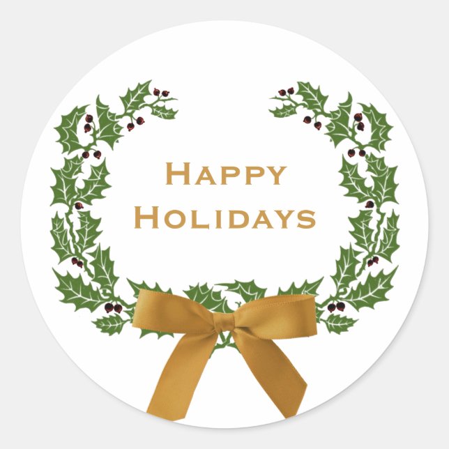 Christmas Happy Holidays Holly Wreath Simple Classic Round Sticker (Front)