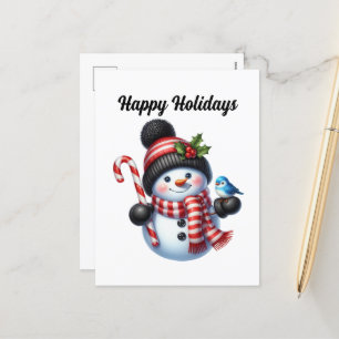 Christmas Happy Holidays peppermint snowman Holiday Postcard