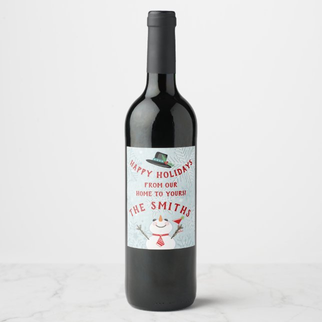 Christmas Happy Holidays Snowmen Custom Wine Label (Front)