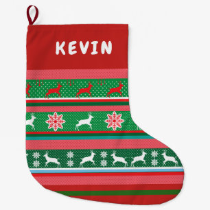 Christmas Happy New Year! Monogram Nordic pattern Large Christmas Stocking