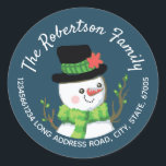 Christmas Happy Snowman Return Address Blue Classic Round Sticker<br><div class="desc">Happy Snowman in Shades of green wearing a top hat. Vintage style.  Hand lettering style fonts. Adjustable text areas in this easy to use template. Blue Background. Artwork by Valarie Wade and is exclusive to my Valariedesigns shop on Zazzle!</div>