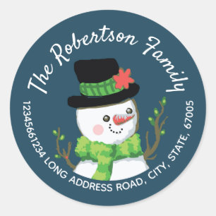 Christmas Happy Snowman Return Address Blue Classic Round Sticker