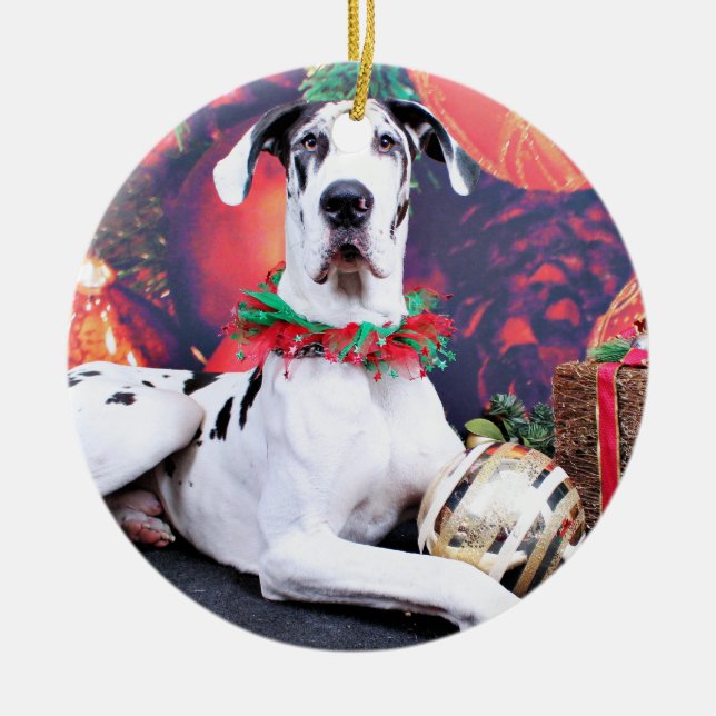 Christmas - Harlequin Great Dane - Baron Ceramic Tree Decoration (Front)
