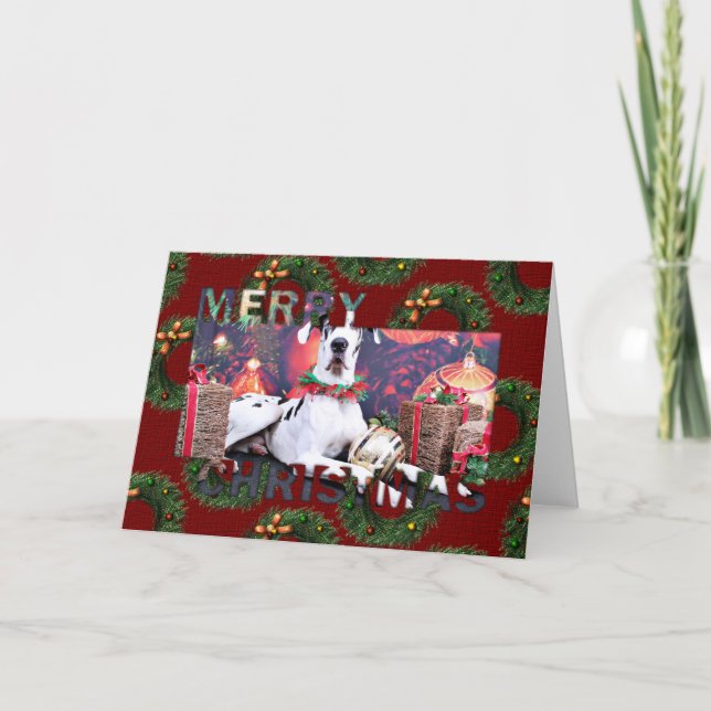 Christmas - Harlequin Great Dane - Baron Holiday Card (Front)