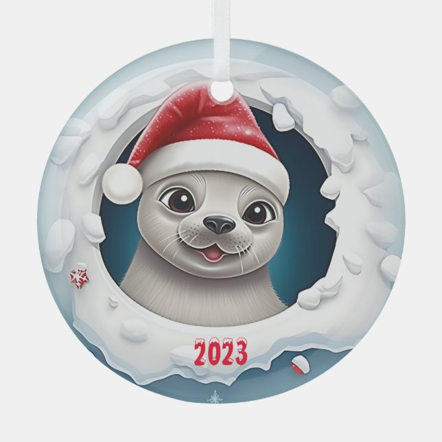 Christmas Harp Seal Glass Tree Decoration (Front)