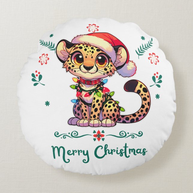 Christmas Hat Christmas Light Chain Cheetah Round Cushion (Front)