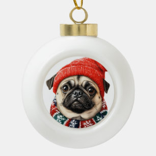 Christmas hat cute pug ceramic ball christmas ornament
