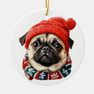 Christmas hat cute pug ceramic ornament