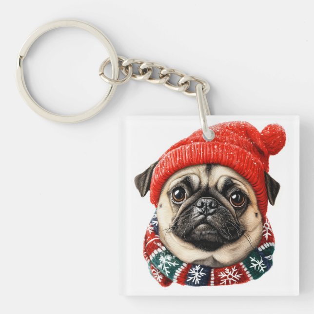 Christmas hat cute pug key ring (Front)
