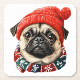 Christmas hat cute pug square paper coaster
