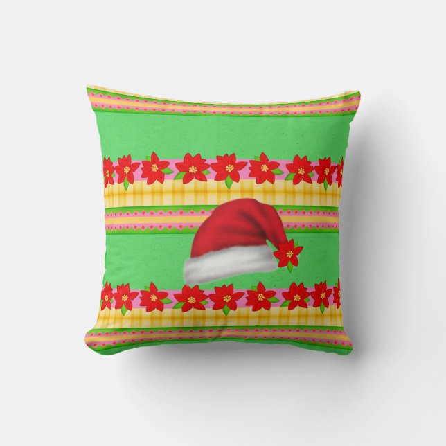 Christmas Hat Throw Pillow, Poinsettia Green  Cushion (Front)